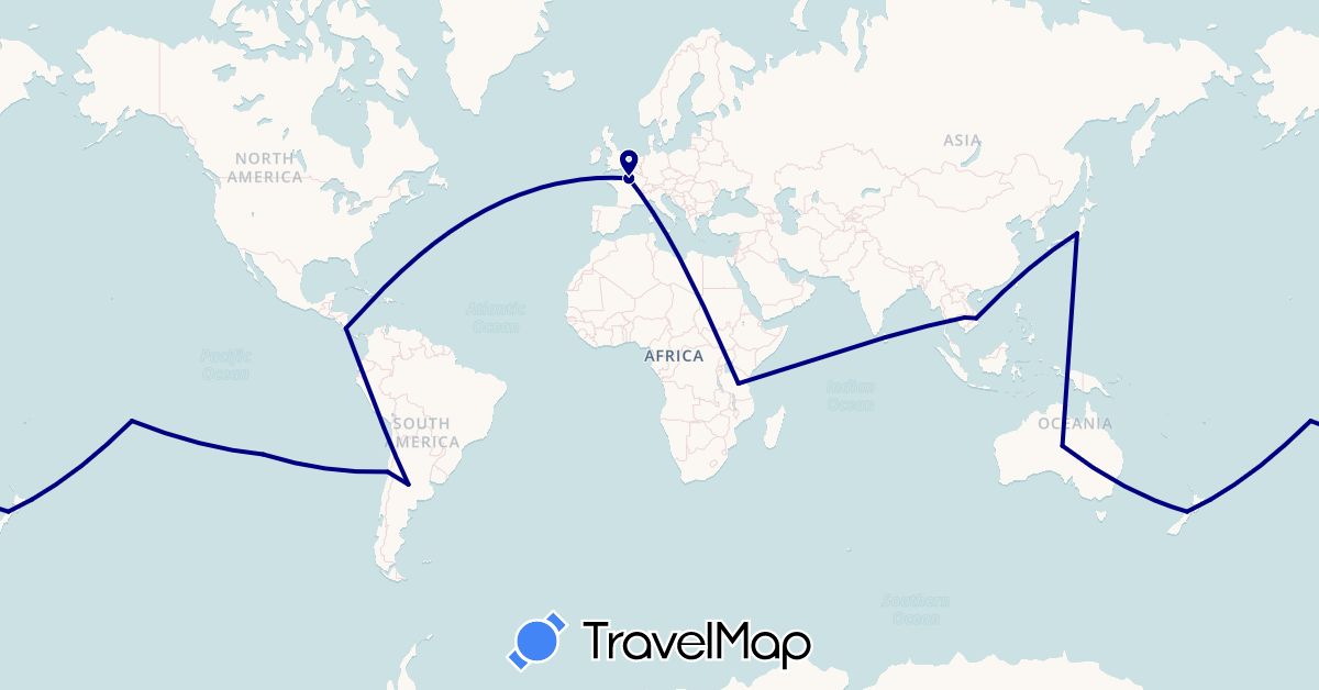 TravelMap itinerary: driving in Argentina, Australia, Chile, Costa Rica, France, Japan, Cambodia, Sri Lanka, New Zealand, Tanzania, Vietnam (Africa, Asia, Europe, North America, Oceania, South America)